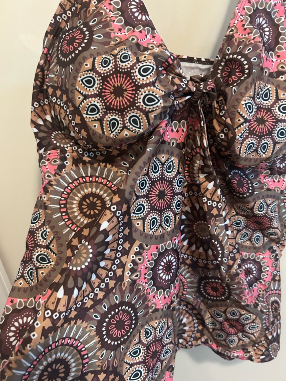Brown & Pink Medallion Halter Tankini Top
